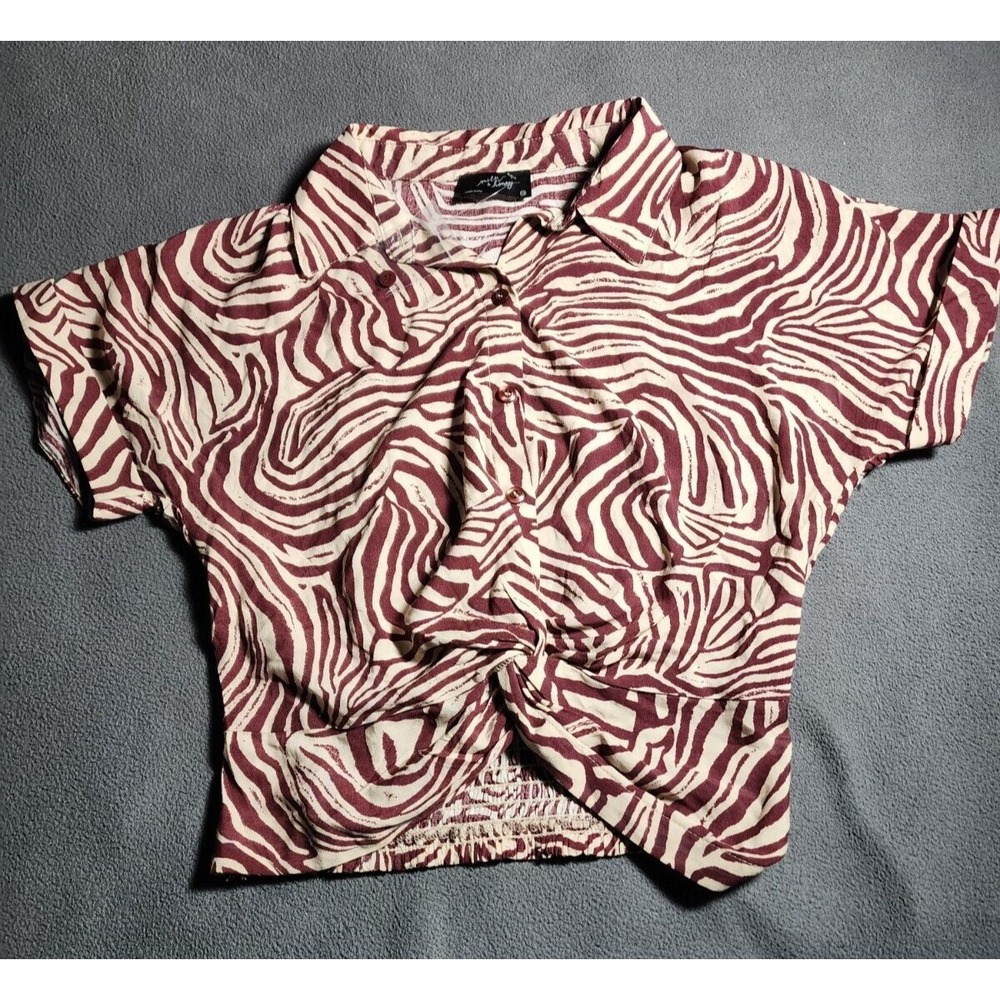 Milk & Honey Top Women XS White Brown Print Short Sleeve Ribbon Tie Front